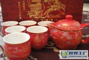 喜慶紅牡丹 頭雙層杯茶具，德化禮瓷中的功夫茶藝精品